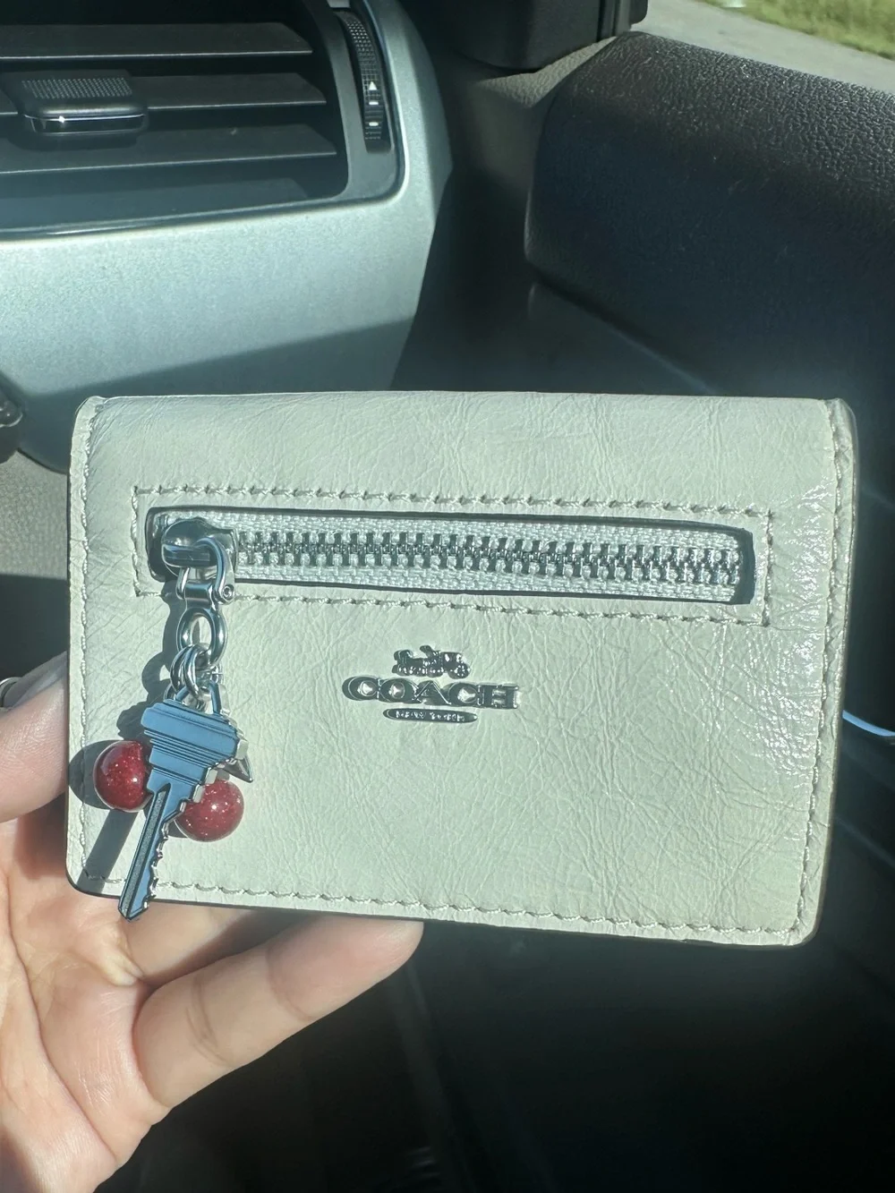 Coach White Leather Card Case with Red Cherry Charm and Key Charm - New